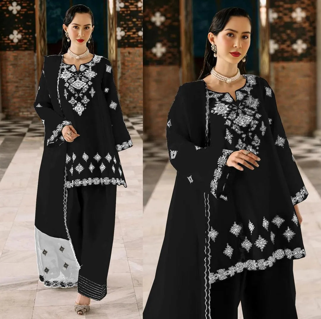 3 Pcs Women's Stitched Cotton Embroidered Suit